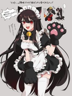 an anime character with long black hair and red eyes holding a cat's paw