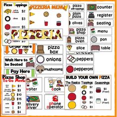 pizza menus and other food items are shown