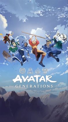 avatar generations are flying through the air in front of mountains and clouds, with text that reads avatar generations