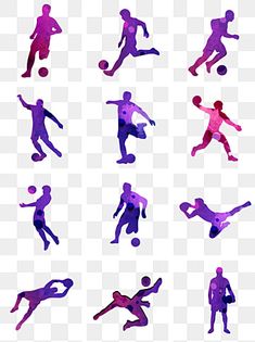 the silhouettes of different soccer players are shown in purple and pink colors, including one with