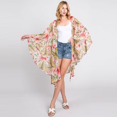 Size : One Size Material : 100% Polyester White Poncho For Spring Beach Cover-up, Beige Wrap Cover-up For Spring, Long Floral Print Outerwear For Vacation, White Spring Outerwear For Vacation, White Spring Vacation Outerwear, Casual Spring Shawl, Casual Long Sleeve Cape For Spring, Casual Long Sleeve Spring Cape, Spring Poncho With Kimono Sleeves