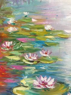 a painting of water lilies floating on top of green leaves