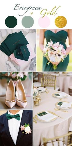 green and gold wedding color palettes for the bride's gown, shoes, bouquet