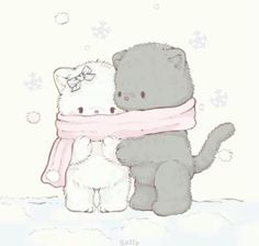 two teddy bears sitting next to each other in the snow, one is wearing a scarf