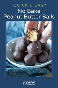 no bake peanut butter balls on a plate with text overlay that reads quick and easy no bake peanut butter balls