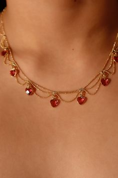 14K Real Gold Plated Double Layer pink Gemstone Heart Necklace – Cutethingscommin Red And Gold Accessories, Pink And Gold Necklace, Gold Ruby Jewelry, Beautiful Gold Necklaces Unique, Royal Jewelry Aesthetic, Necklace Stacking Gold, Red And Gold Jewelry, Heart Jewlery, Pink Necklace Jewelry