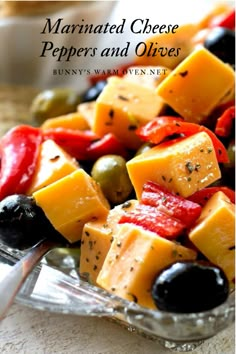 the cover of marinated cheese peppers and olives