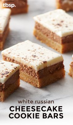 several pieces of white russian cheesecake cookie bars