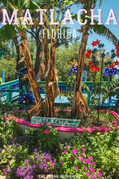 there is a boat that is in the middle of flowers and trees with text overlaying it