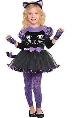 Girls Miss Meow Cat Costume Toddler Cat Costume, Cute Cat Costumes, Black Cat Costumes, Purple And Black Dress, Kids Costumes Girls, Cat Ear Headband, Cute Cat Face