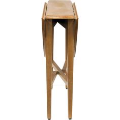 a wooden side table with two legs and a square shaped design on the top, against a white background