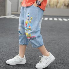 Boy Iron Tower Pattern Capri Jeans - PrettyKid Summer Care, Childrens Clothing Boutique, Children's Boutique, Kids Pants, Capri Jeans, Care Label, Season Summer, Boutique Clothing, Lowest Price