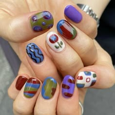 Simple But Funky Nails, Happy Nails Ideas, Fun Nail Polish Ideas, Nail Designs Different Colors, Funky Nails Winter, Wacky Nail Designs, Nail Designs To Do At Home, Funky Nail Designs Fun, Whimsy Nails