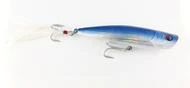 a blue and white fishing lure on a white background