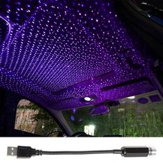 the inside of a car with purple lights on it and an image of its interior