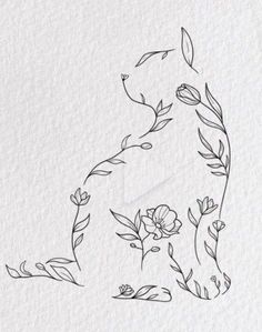 a drawing of a cat with flowers on it's tail and leaves around its neck