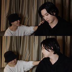 two pictures of a man with black hair and a white shirt, one is touching the other's ear