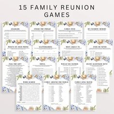 printable family reunion games are shown with flowers and leaves on the front, and in blue