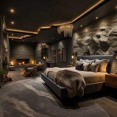 a large bedroom with stone walls and flooring