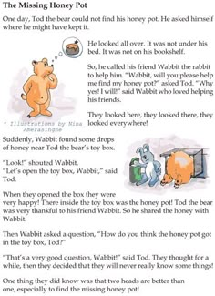 an open book with some cartoon characters and words on the page, which are also in english