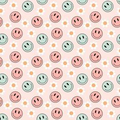 a pink background with many different colored smiley faces on the side and dots in the middle