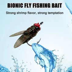 an image of a fly fishing lure with water splashing around it and the caption reads, strong shrimp flavor, strong temp