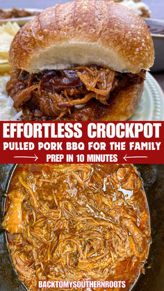 A delicious crockpot pulled pork BBQ sandwich served with coleslaw and potato chips on a plate, perfect for an effortless family meal prepared in just 10 minutes. Best Pork For Pulled Pork, Pulled Pork In The Crockpot, Pulled Pork Bone In Crock Pot Recipes, Best Pulled Pork Recipe Slow Cooker, Pork Loin Bbq Crock Pot, Bbq Boston Button Recipes Crockpot, Pulled Pork Butts In The Crock Pot, Pulled Pork Bbq Crockpot, Sweet Pulled Pork Crock Pot Recipes