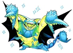 a drawing of a blue and yellow dragon with stars around it's wings, on a white background