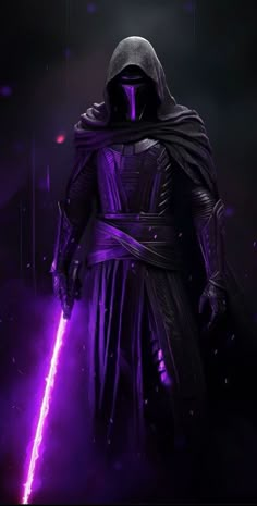 a man in a purple outfit holding a light saber and looking at the camera with his eyes closed