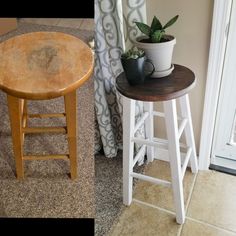 two different stools side by side, one with a potted plant on top