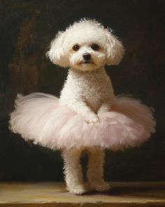 a small white dog wearing a pink tutu