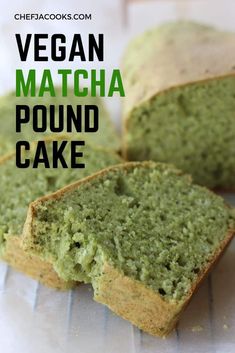 vegan matcha pound cake is cut in half and sitting on a cooling rack