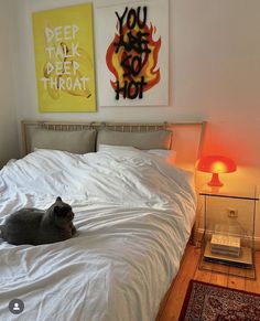 a gray cat laying on top of a white bed