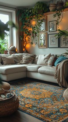 a living room filled with lots of furniture and plants