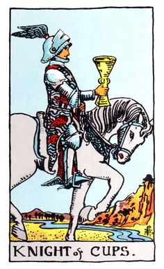 an image of a rider on a horse holding a cup in his hand with the words knight of cups written below it