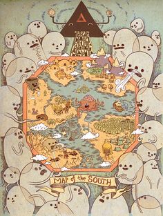 an illustrated map with lots of skulls surrounding it