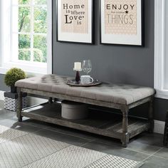 48 Tufted Upholstered Bench with Bottom Shelf, Gray By Casagear Home Grey Bench, Grey Benches, Contemporary Bench, Tufted Bench, Shelves Storage, Upholstered Storage Bench, Upholstered Storage, Country Charm, Upholstered Bench