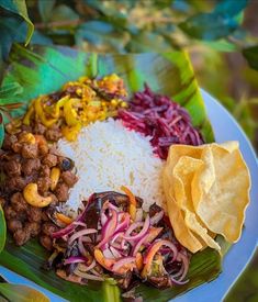 a white plate topped with rice and meat next to chips on top of a leaf