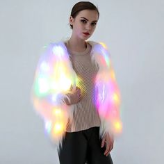 Space Party Costumes, Led Jacket, Colorful Faux Fur Coat, Light Up Party, White Faux Fur Coat, Bar Dance, Party Costumes, Fluffy Jacket, Winter Outwear