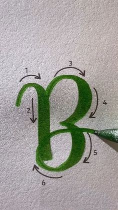 the letter b is drawn on paper with a green marker and some writing underneath it