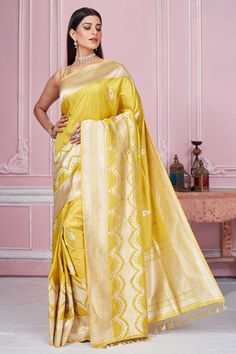 Shop yellow Banarasi sari online in USA with zari minakari buta. Look your best on festive occasions in latest designer saris, pure silk sarees, Kanjivaram silk sarees, handwoven saris, tussar silk sarees, embroidered saris from Pure Elegance Indian fashion store in USA.-full view Fashion Journals, Tussar Silk Saree, Traditional Fabric, Banarasi Sarees, Pure Silk Sarees, Blouse Piece, Blouse Dress, Fashion Store, Indian Fashion