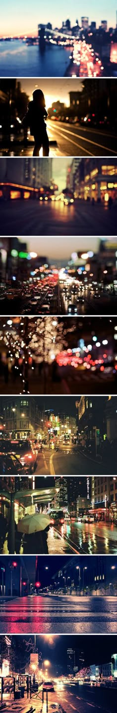 multiple shots of city lights at night and in the distance are blurry cars driving on the road