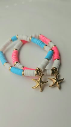 Preppy Pink Starfish Bracelet STRETCHY 15CM Clay Bead Bracelet Ideas Aesthetic Pink, Claybead Bracelet, Sophia Lauren, Kawaii Fish, Sea Beads, Make Clay Beads, Pink Starfish, Colorful Bead Bracelets, Clay Bracelets