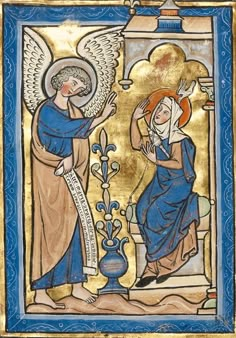 an image of two angels on a gold and blue background, one is holding the arm of another angel