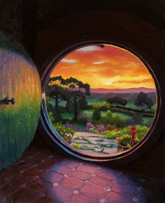 an oil painting of a hobbot door with a sunset in the background