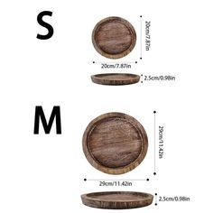 two wooden trays with the letter m on them and measurements for each one in different sizes