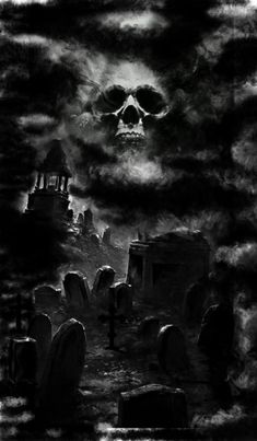 a black and white photo with a skull in the sky above cemetery tombstones on a cloudy day