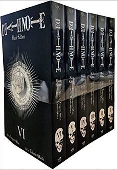 a set of six books with black covers and white lettering on the front, including an image of a skull