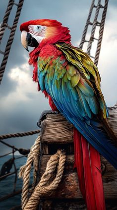 a colorful parrot sitting on top of a wooden pole next to the ocean and cloudy sky