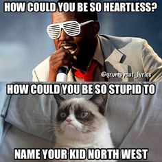 a man in sunglasses holding a microphone with a cat on his shoulder and the caption says, how could you be so heartless?